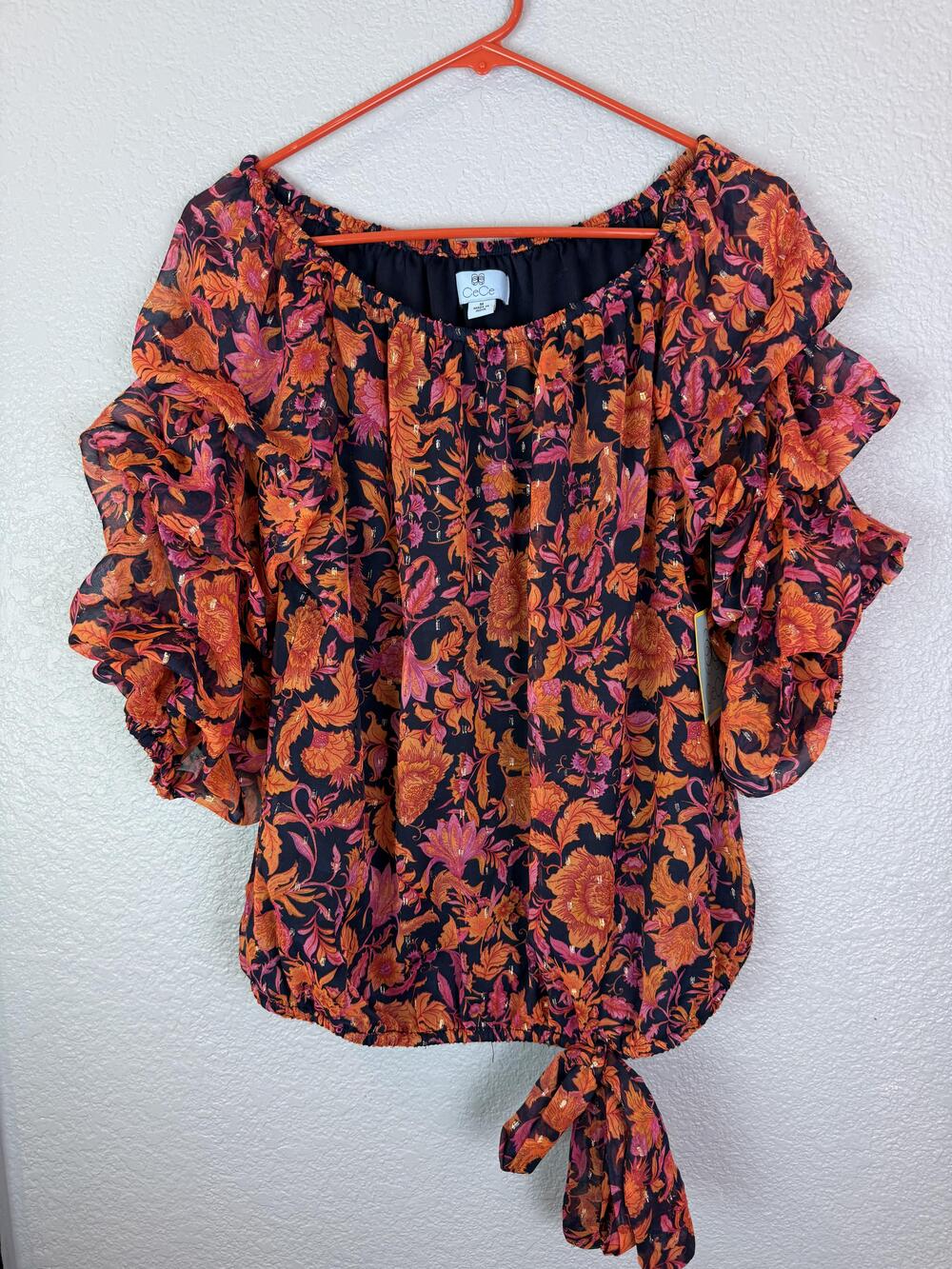 CeCe Blouse Womens Medium Wild Orchid Black Floral Ruffle Sleeve Tie Hem NWT Top